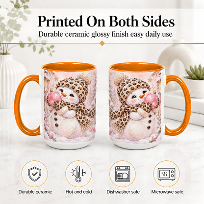 #pl[15oz|Orange] Leopard Snowman Christmas Mug, Ceramic Mug with Pink Ornament Art