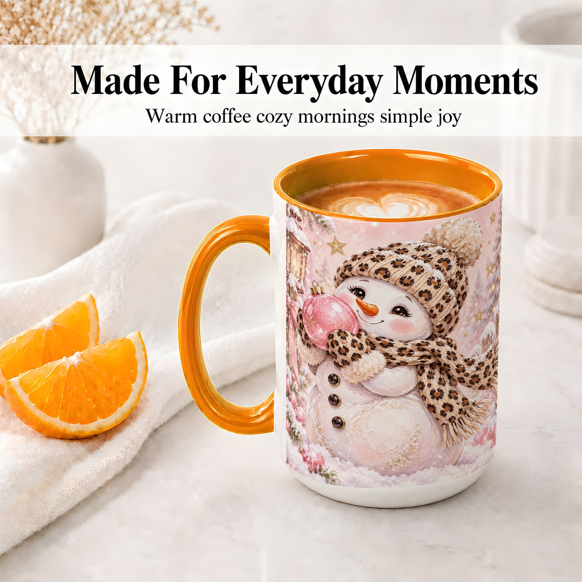 #pl[15oz|Orange] Leopard Snowman Christmas Mug, Ceramic Mug with Pink Ornament Art