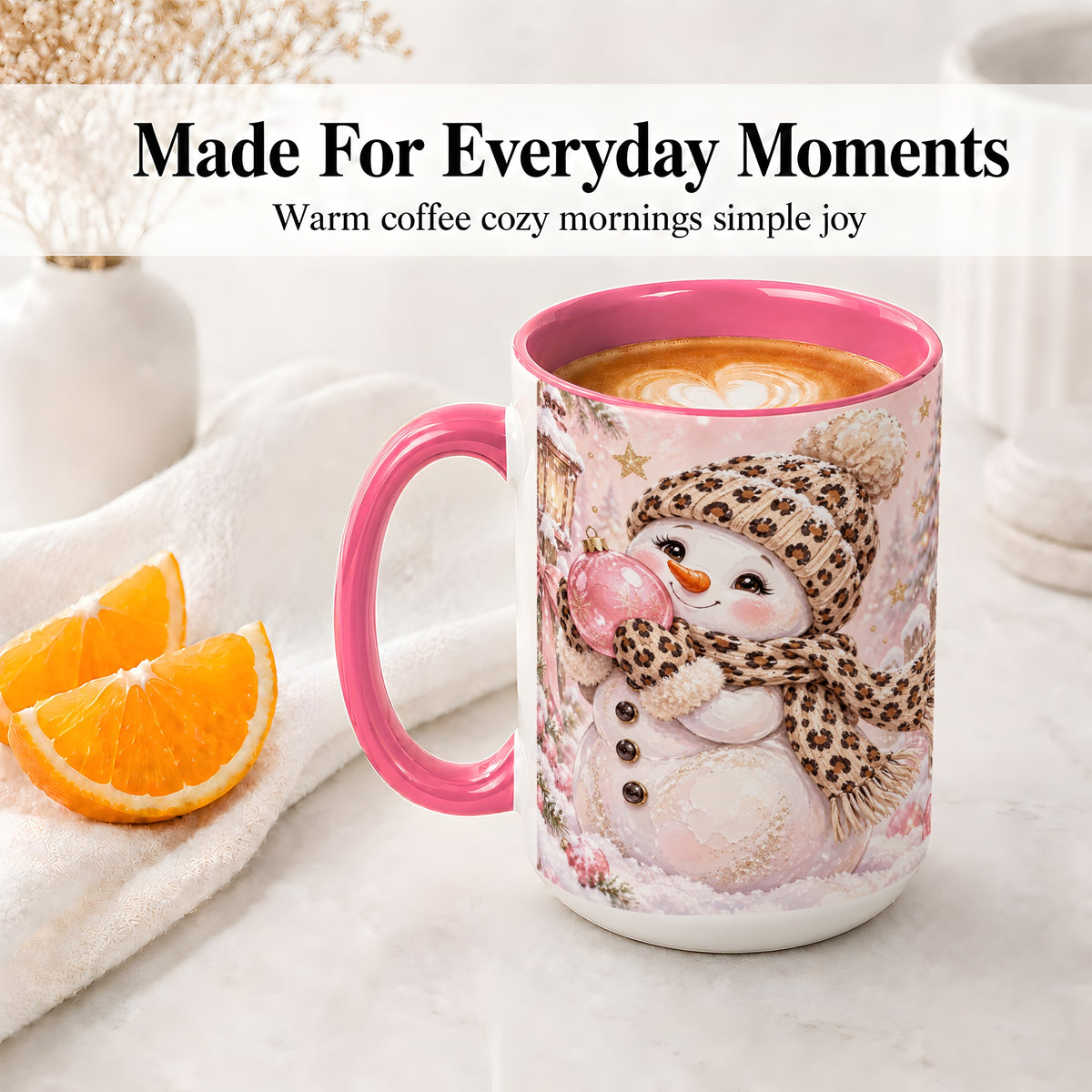 #pl[15oz|Pink] Leopard Snowman Christmas Mug, Ceramic Mug with Pink Ornament Art