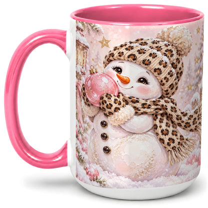 #pl[15oz|Pink] Leopard Snowman Christmas Mug, Ceramic Mug with Pink Ornament Art