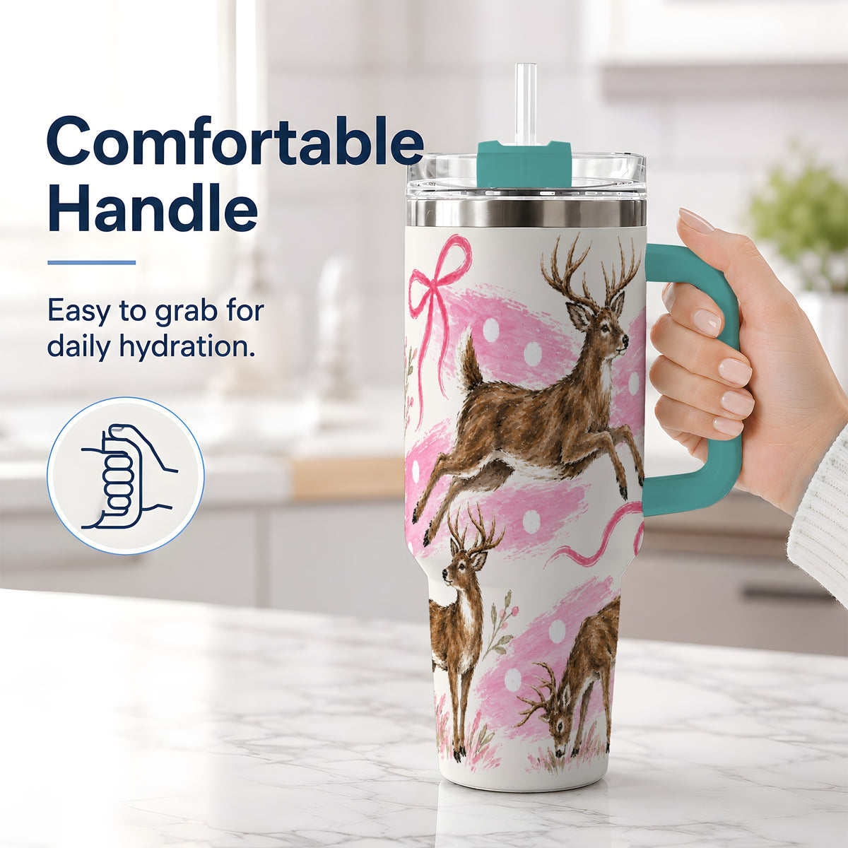 #pl[40oz|Green] Pink Whitetail Deer 40oz Stainless Steel Tumbler, Berry Bow Design