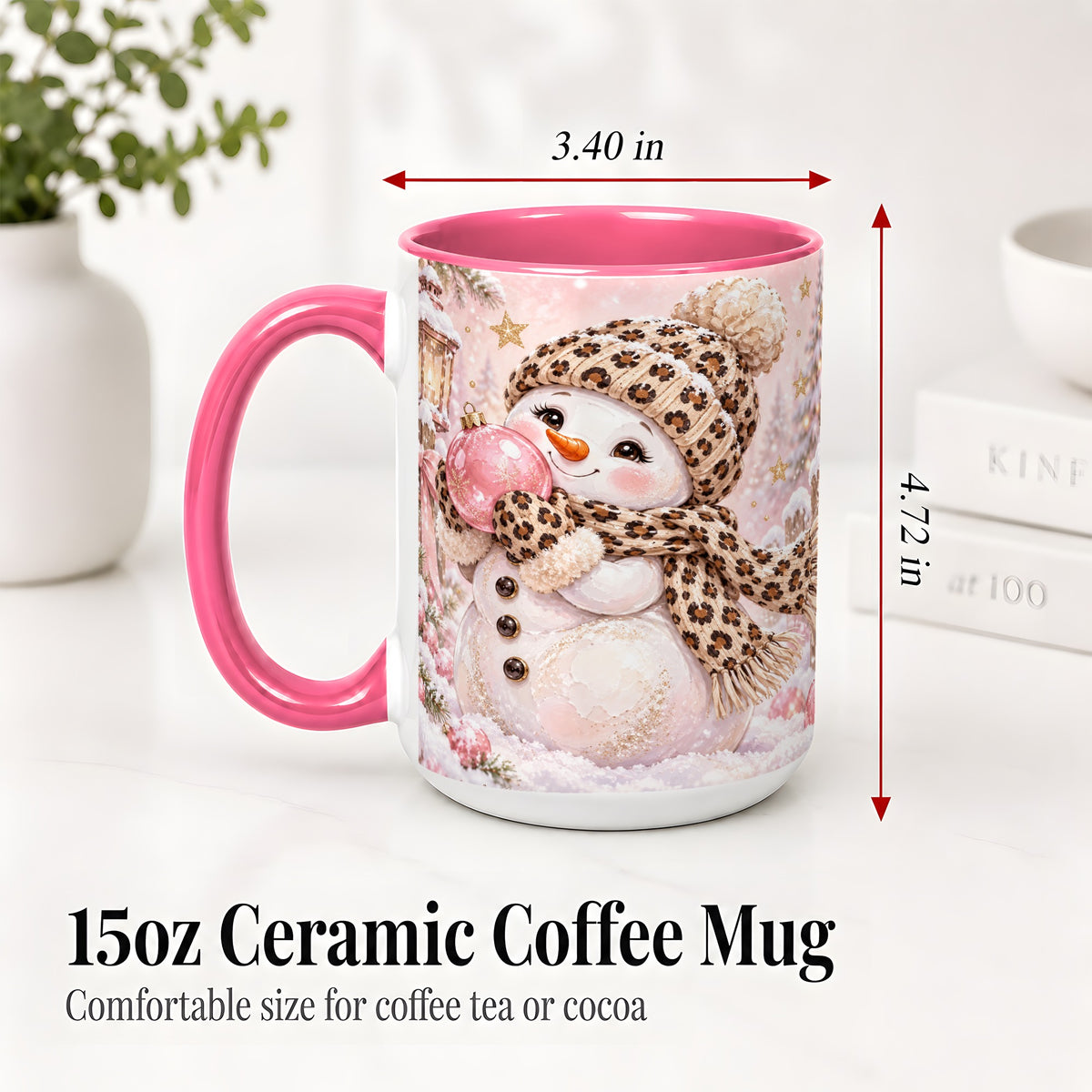 #pl[15oz|Pink] Leopard Snowman Christmas Mug, Ceramic Mug with Pink Ornament Art