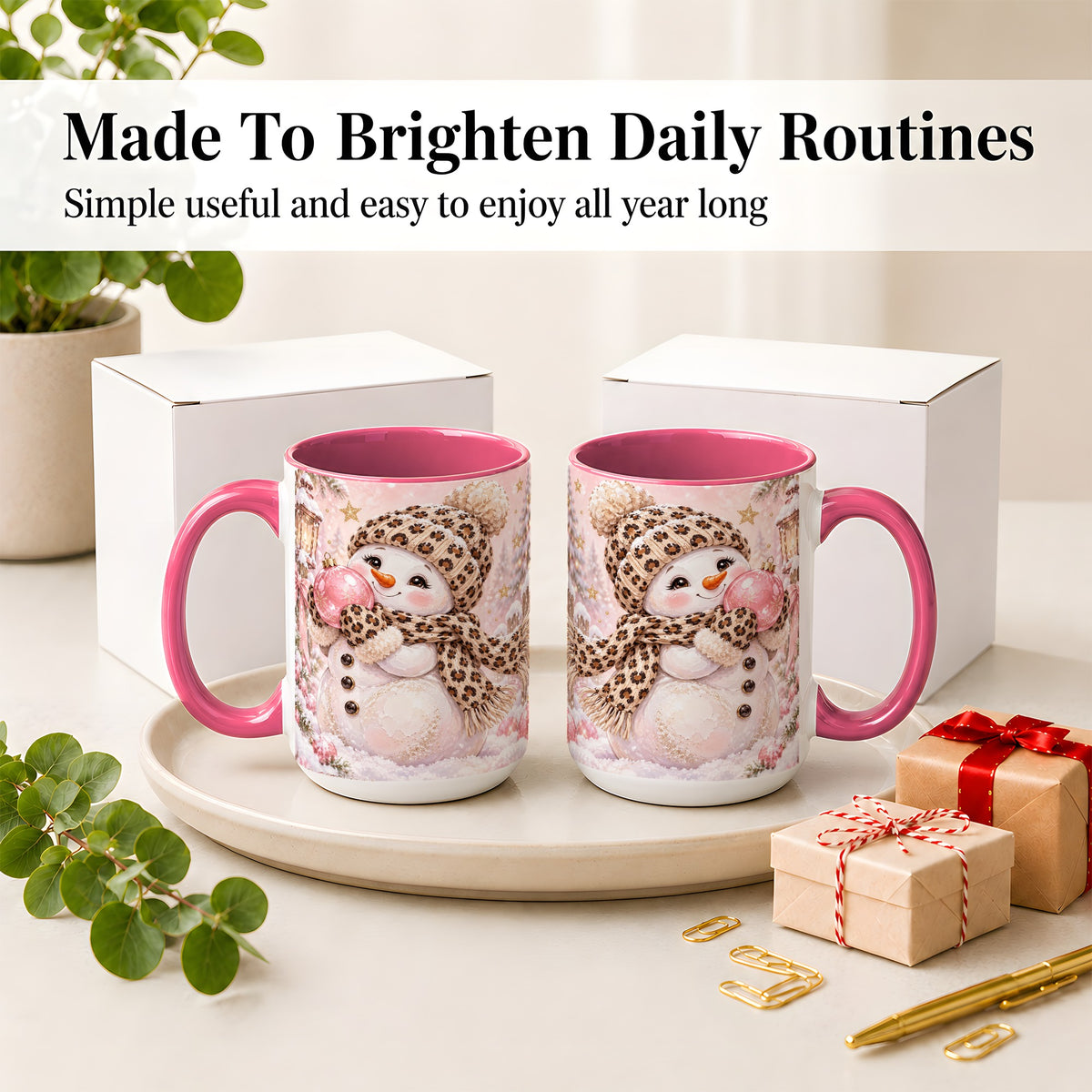 #pl[15oz|Pink] Leopard Snowman Christmas Mug, Ceramic Mug with Pink Ornament Art