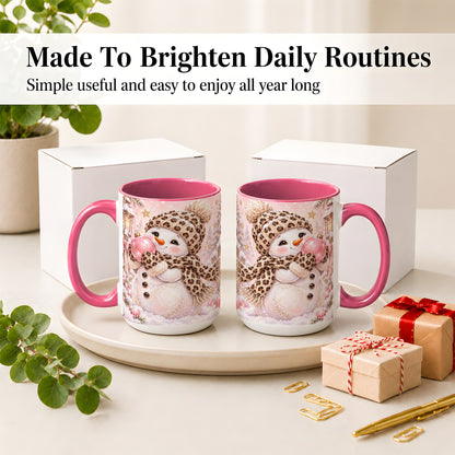 #pl[15oz|Pink] Leopard Snowman Christmas Mug, Ceramic Mug with Pink Ornament Art