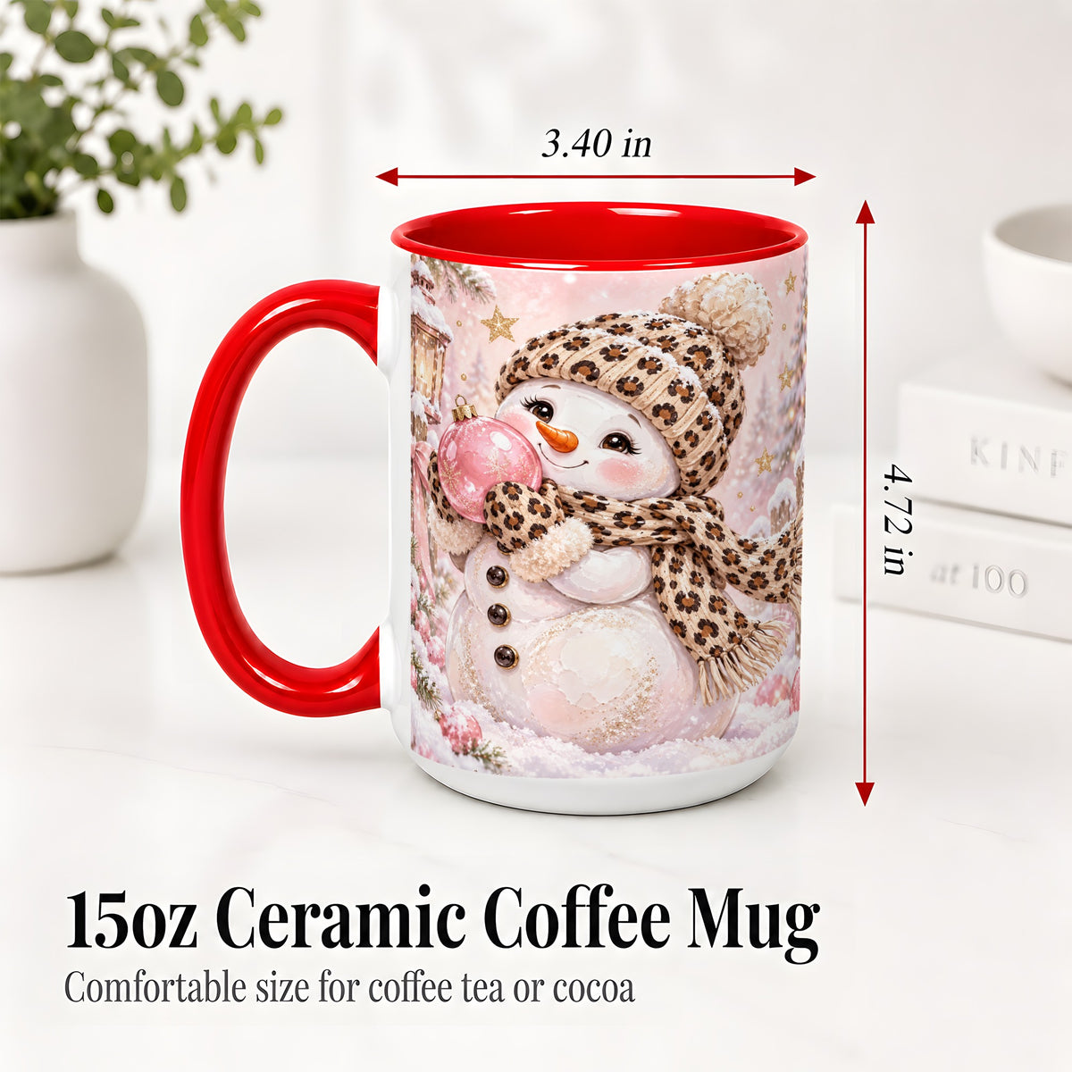 #pl[15oz|Red] Leopard Snowman Christmas Mug, Ceramic Mug with Pink Ornament Art