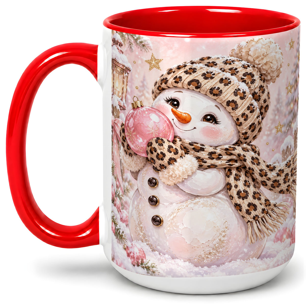#pl[15oz|Red] Leopard Snowman Christmas Mug, Ceramic Mug with Pink Ornament Art