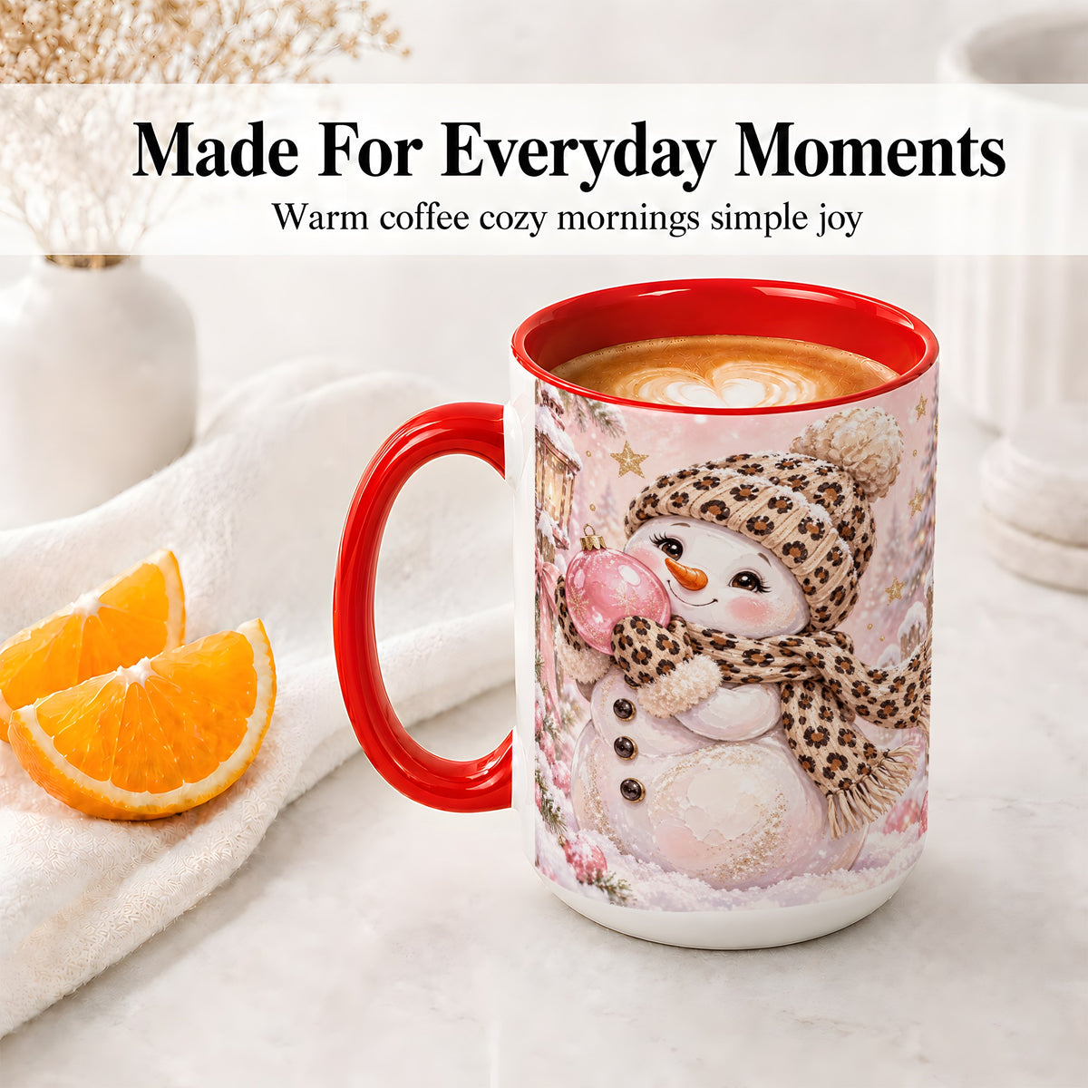 #pl[15oz|Red] Leopard Snowman Christmas Mug, Ceramic Mug with Pink Ornament Art