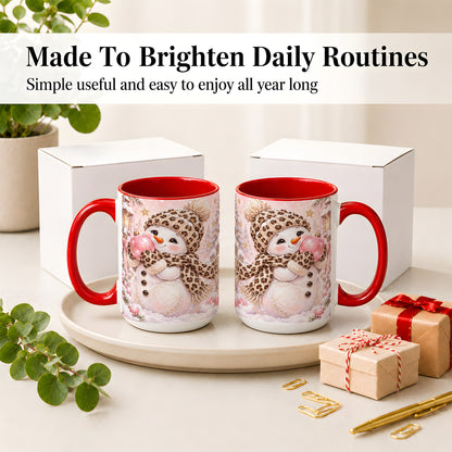 #pl[15oz|Red] Leopard Snowman Christmas Mug, Ceramic Mug with Pink Ornament Art