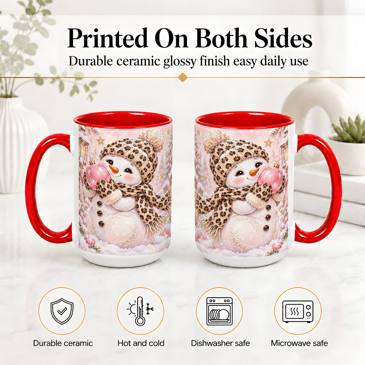 #pl[15oz|Red] Leopard Snowman Christmas Mug, Ceramic Mug with Pink Ornament Art