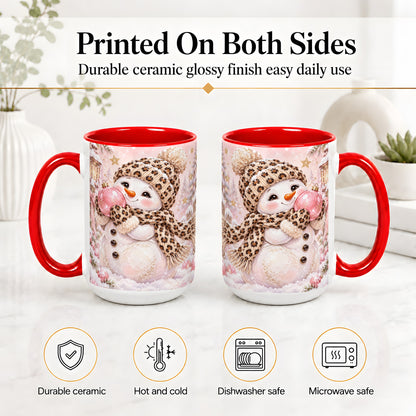 #pl[15oz|Red] Leopard Snowman Christmas Mug, Ceramic Mug with Pink Ornament Art