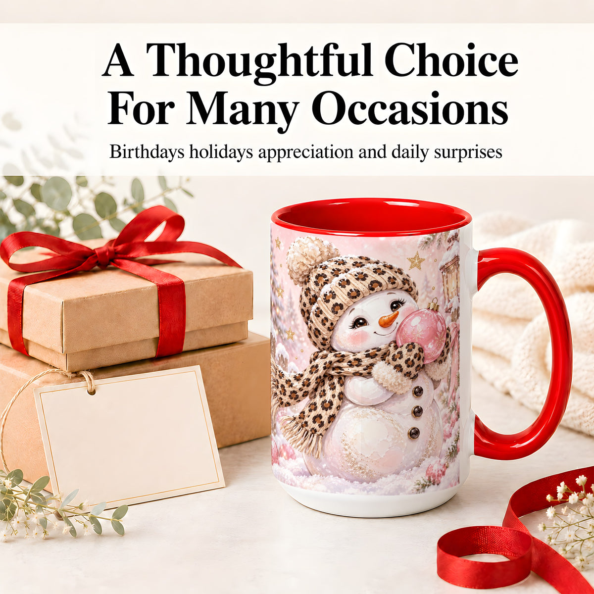 #pl[15oz|Red] Leopard Snowman Christmas Mug, Ceramic Mug with Pink Ornament Art
