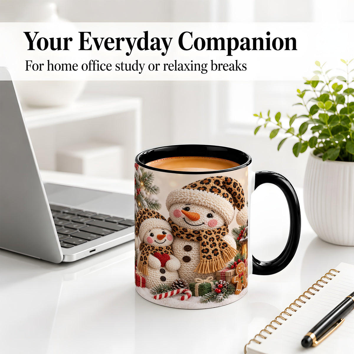 #pl[11oz|Black] Crochet Style Snowman Christmas Mug, Ceramic Mug with Leopard Art