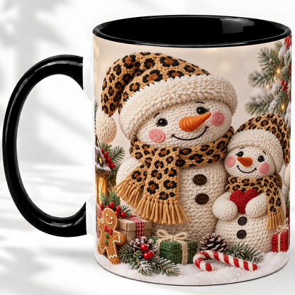 #pl[11oz|Black] Crochet Style Snowman Christmas Mug, Ceramic Mug with Leopard Art