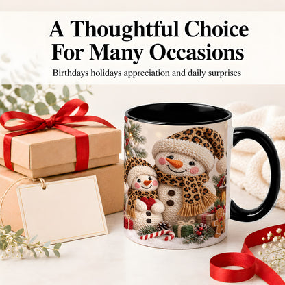 #pl[11oz|Black] Crochet Style Snowman Christmas Mug, Ceramic Mug with Leopard Art