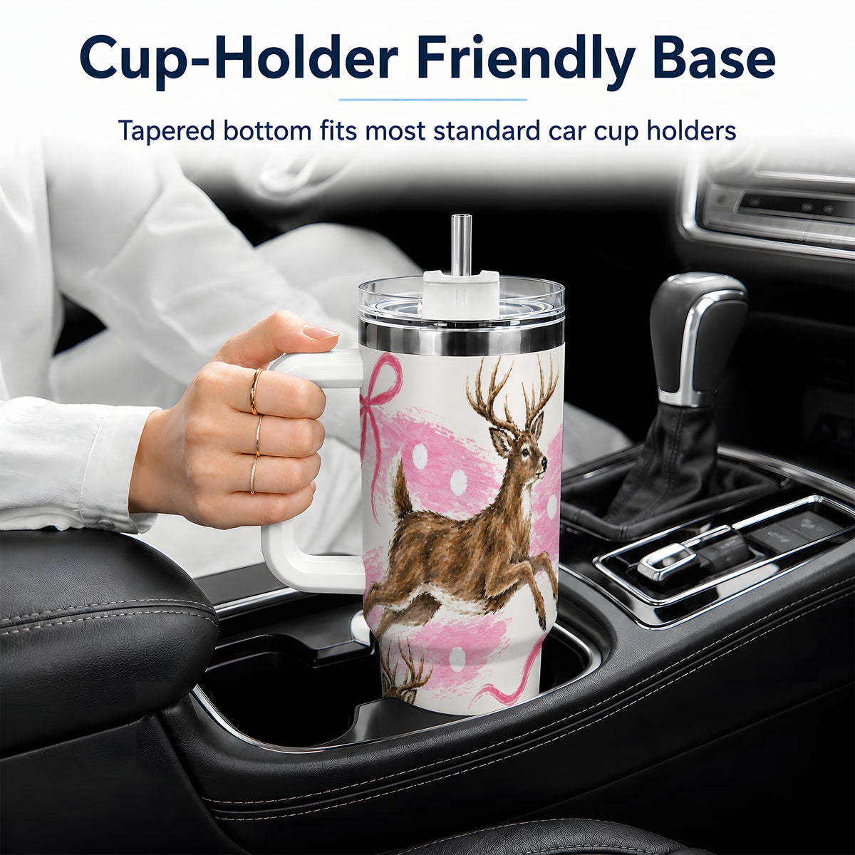#pl[40oz|White] Pink Whitetail Deer 40oz Stainless Steel Tumbler, Berry Bow Design