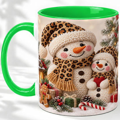 #pl[11oz|Green] Crochet Style Snowman Christmas Mug, Ceramic Mug with Leopard Art