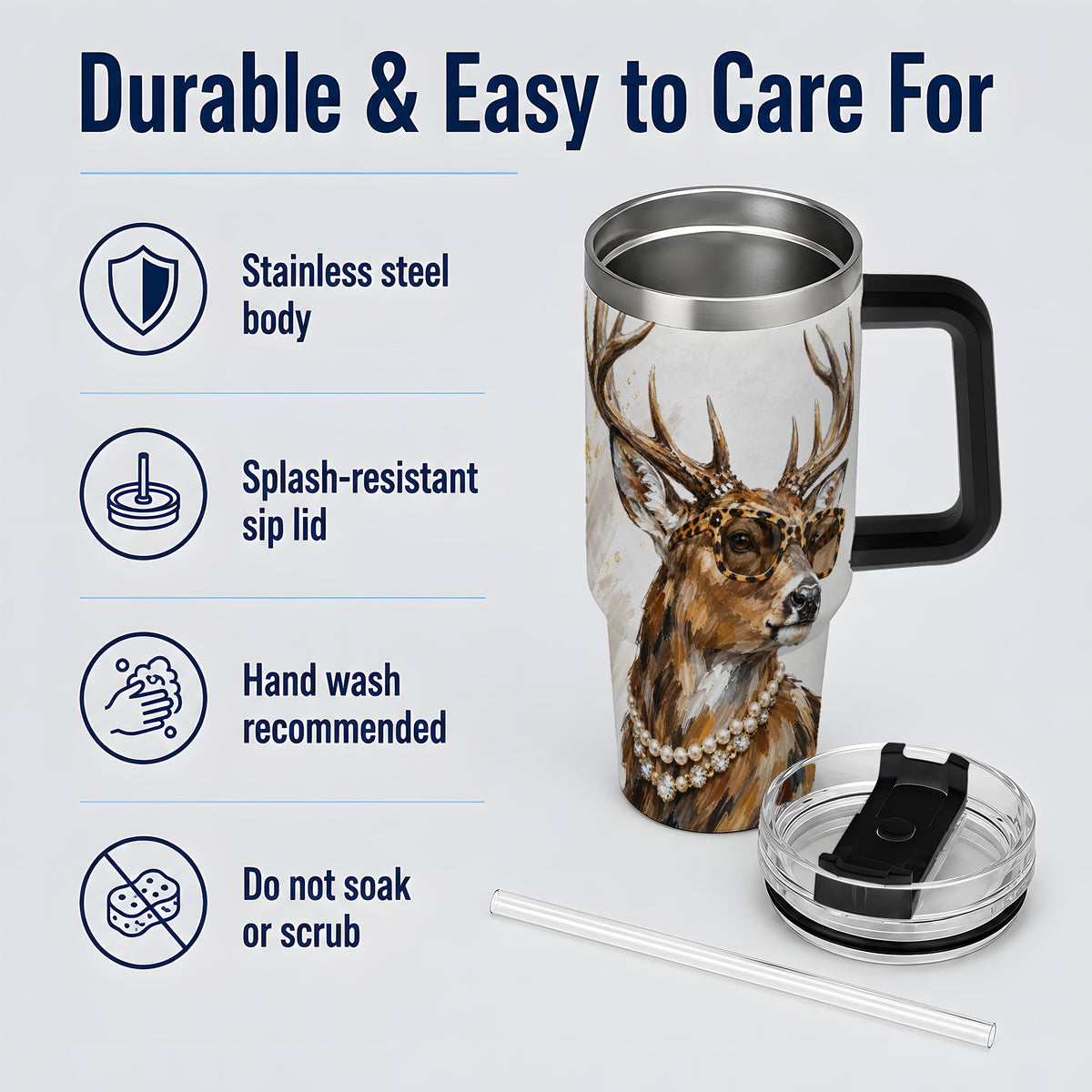 #pl[40oz|Black] Preppy Deer 40oz Stainless Steel Tumbler, Jewelry Portrait Design
