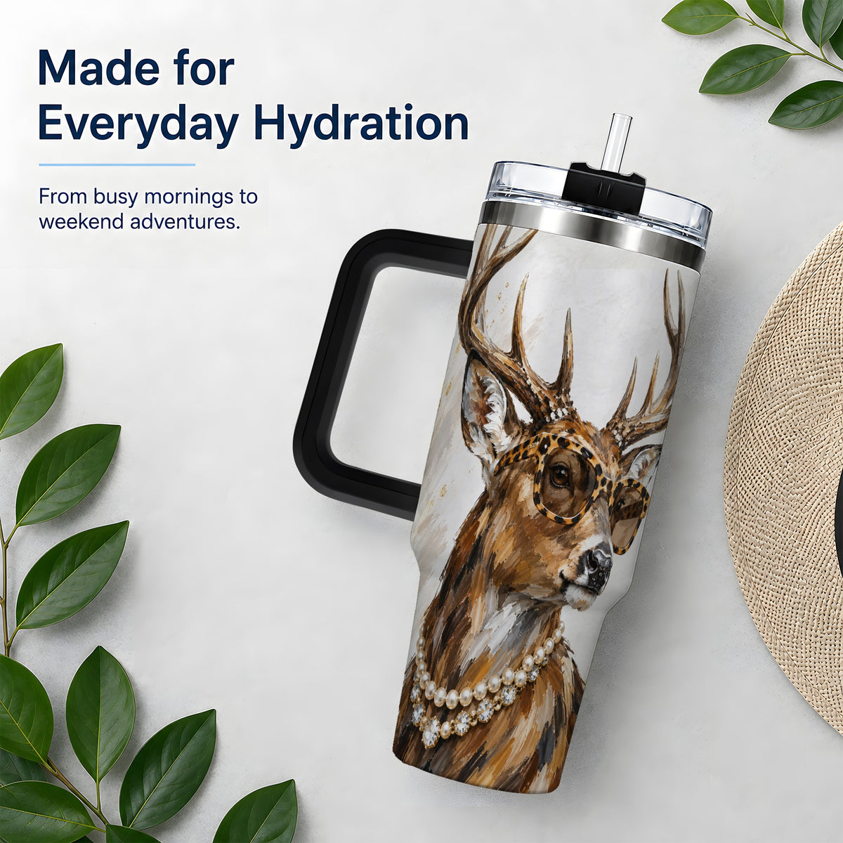 #pl[40oz|Black] Preppy Deer 40oz Stainless Steel Tumbler, Jewelry Portrait Design