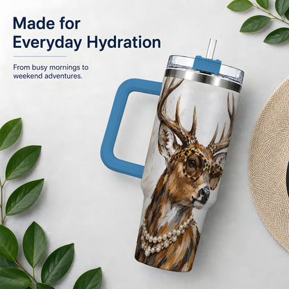 #pl[40oz|Blue] Preppy Deer 40oz Stainless Steel Tumbler, Jewelry Portrait Design