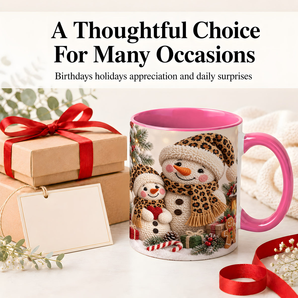 #pl[11oz|Pink] Crochet Style Snowman Christmas Mug, Ceramic Mug with Leopard Art