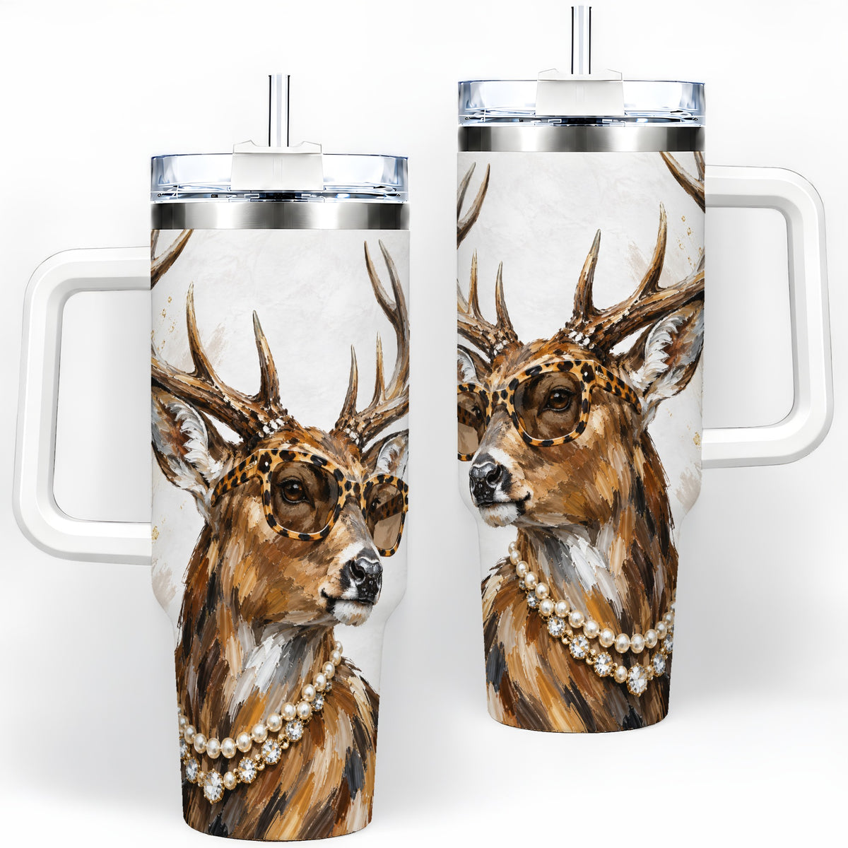Preppy Deer 40oz Stainless Steel Tumbler, Jewelry Portrait Design