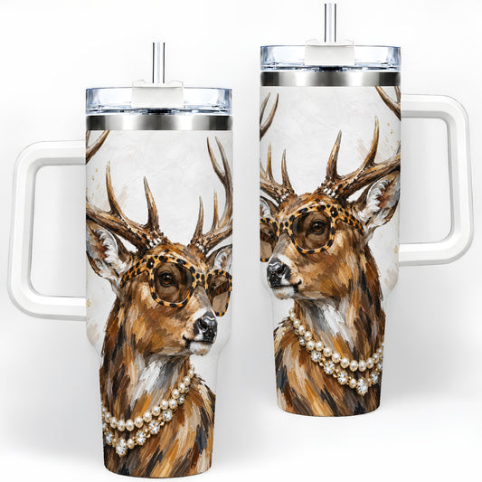 Preppy Deer 40oz Stainless Steel Tumbler, Jewelry Portrait Design