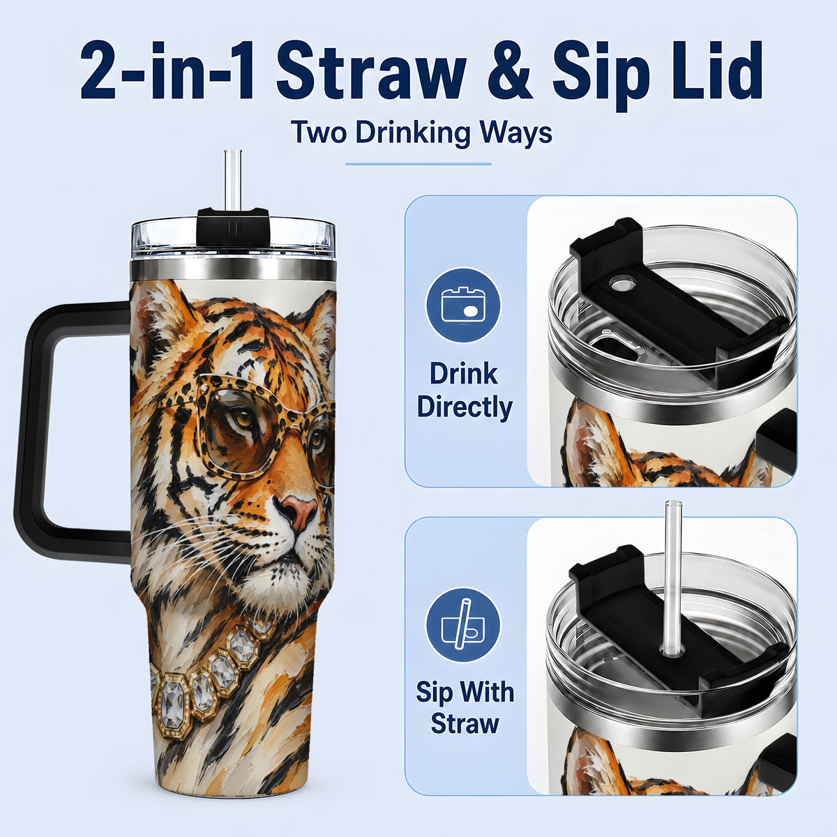 #pl[40oz|Black] Preppy Tiger 40oz Stainless Steel Tumbler, Jewelry Portrait Design