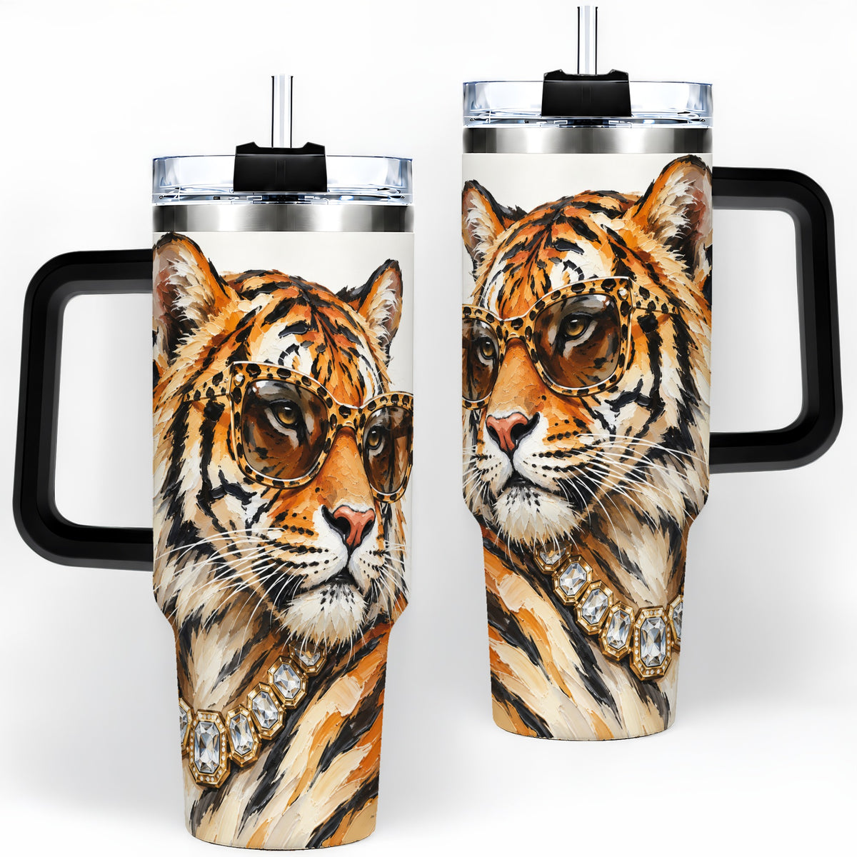 #pl[40oz|Black] Preppy Tiger 40oz Stainless Steel Tumbler, Jewelry Portrait Design