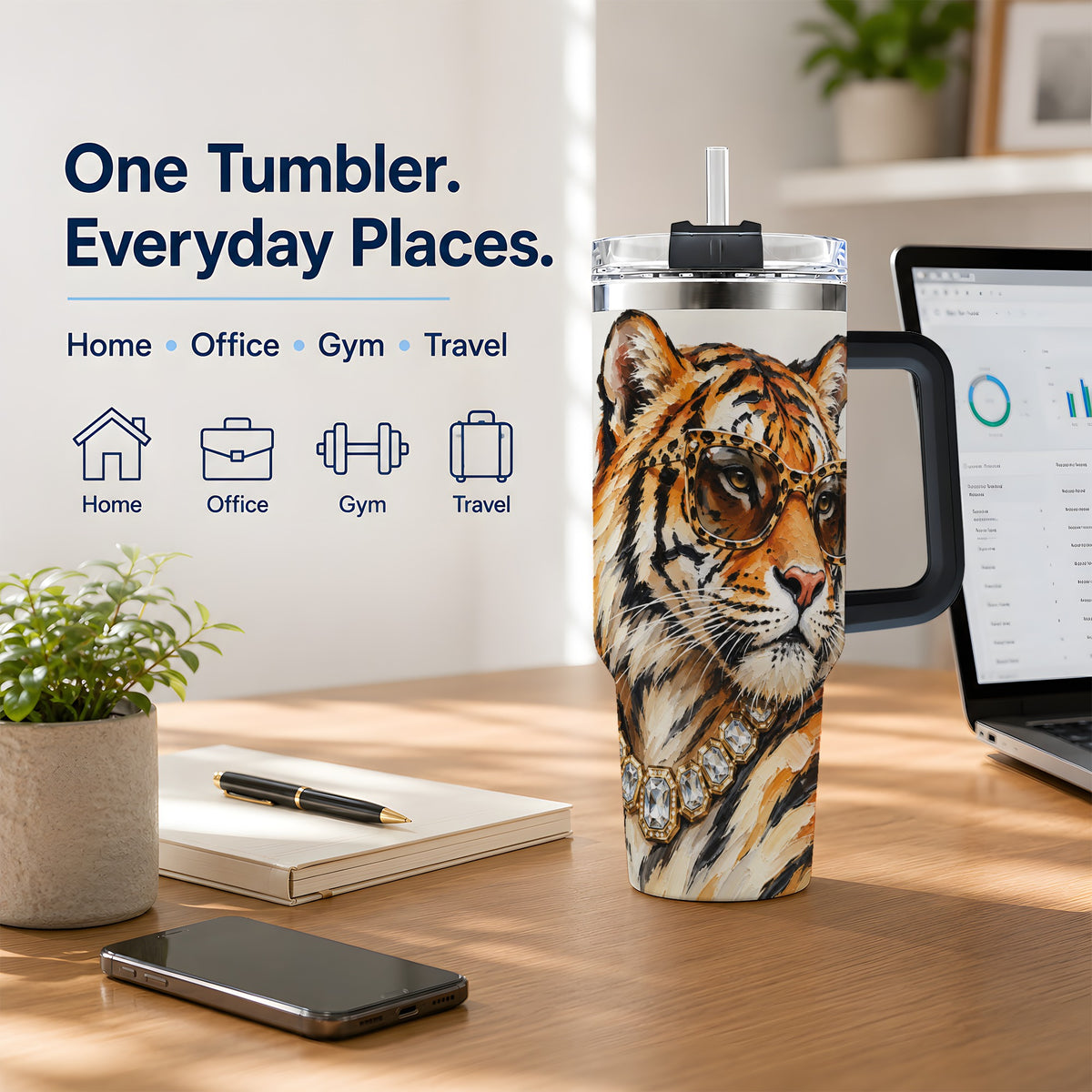#pl[40oz|Black] Preppy Tiger 40oz Stainless Steel Tumbler, Jewelry Portrait Design