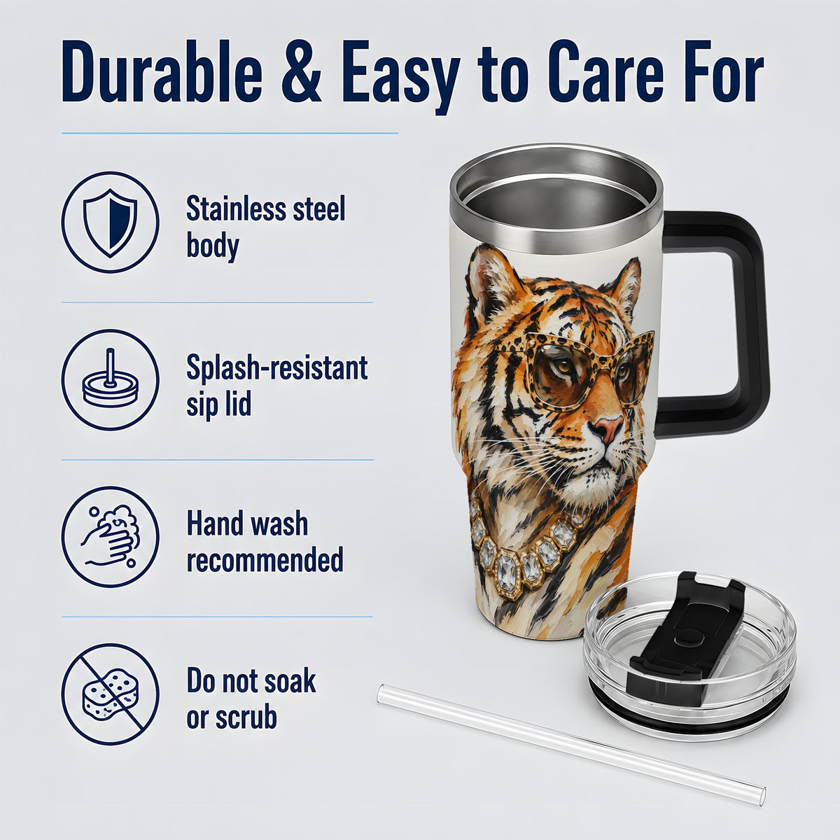 #pl[40oz|Black] Preppy Tiger 40oz Stainless Steel Tumbler, Jewelry Portrait Design