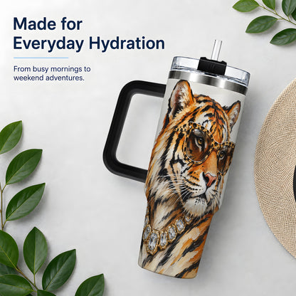 #pl[40oz|Black] Preppy Tiger 40oz Stainless Steel Tumbler, Jewelry Portrait Design