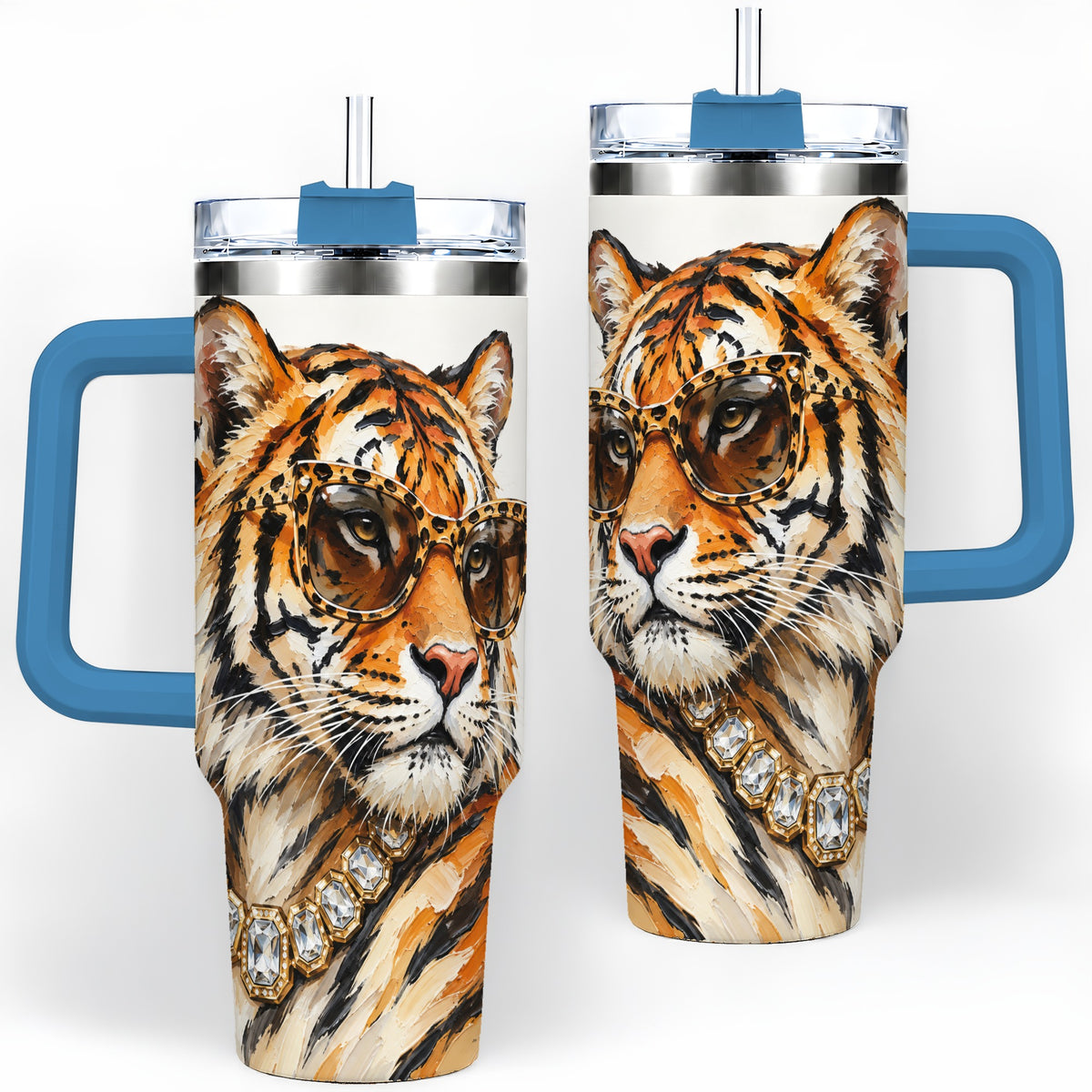 #pl[40oz|Blue] Preppy Tiger 40oz Stainless Steel Tumbler, Jewelry Portrait Design