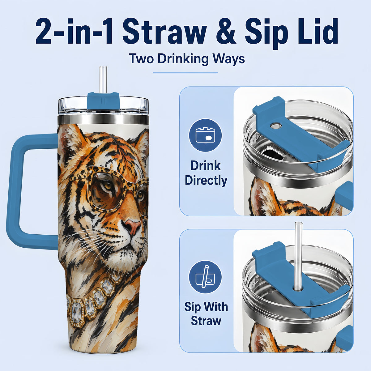 #pl[40oz|Blue] Preppy Tiger 40oz Stainless Steel Tumbler, Jewelry Portrait Design