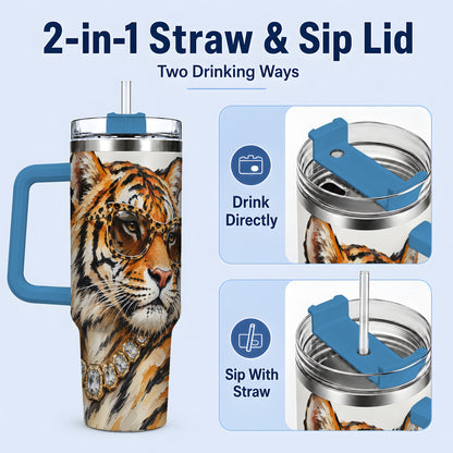 #pl[40oz|Blue] Preppy Tiger 40oz Stainless Steel Tumbler, Jewelry Portrait Design