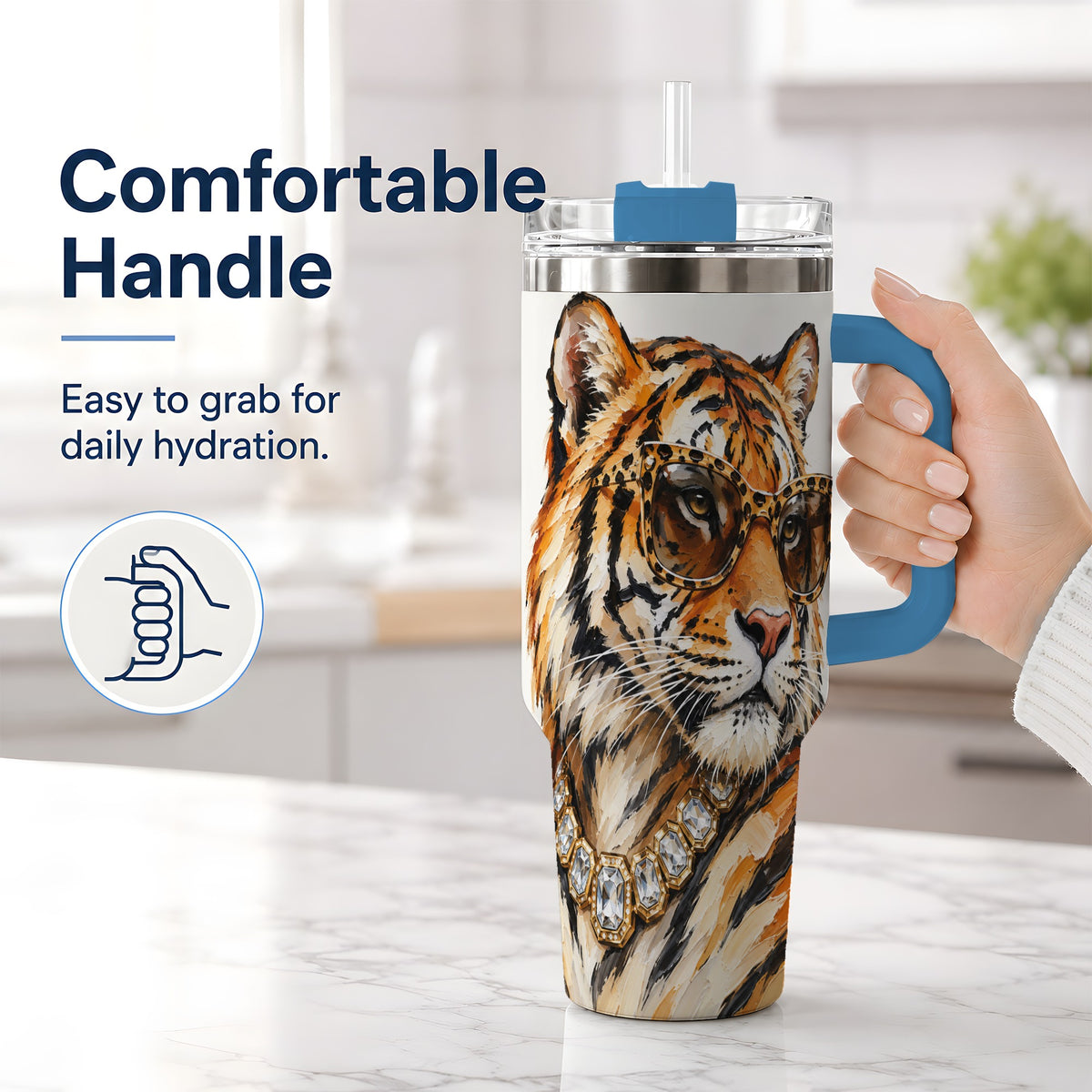 #pl[40oz|Blue] Preppy Tiger 40oz Stainless Steel Tumbler, Jewelry Portrait Design