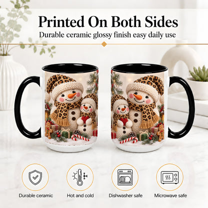 #pl[15oz|Black] Crochet Style Snowman Christmas Mug, Ceramic Mug with Leopard Art
