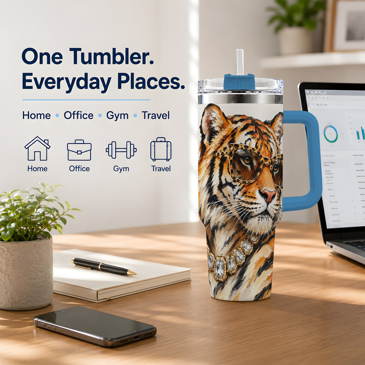#pl[40oz|Blue] Preppy Tiger 40oz Stainless Steel Tumbler, Jewelry Portrait Design