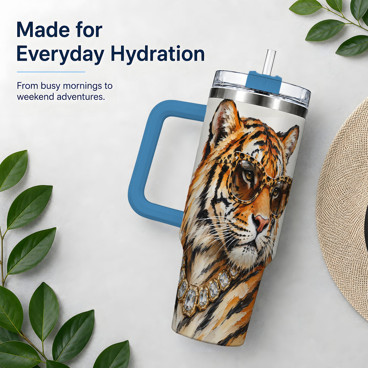 #pl[40oz|Blue] Preppy Tiger 40oz Stainless Steel Tumbler, Jewelry Portrait Design