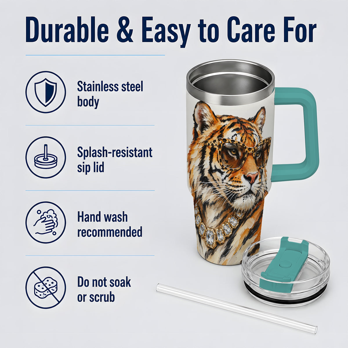 #pl[40oz|Green] Preppy Tiger 40oz Stainless Steel Tumbler, Jewelry Portrait Design