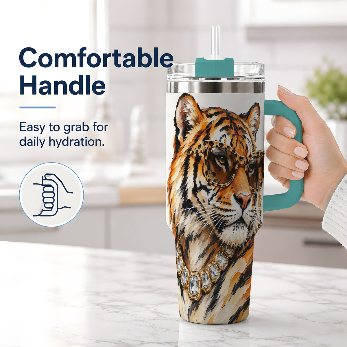 #pl[40oz|Green] Preppy Tiger 40oz Stainless Steel Tumbler, Jewelry Portrait Design