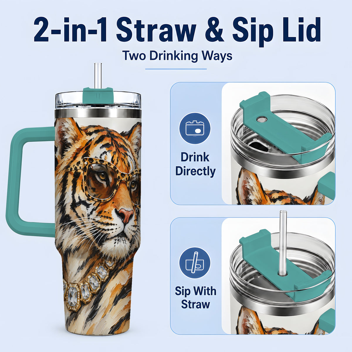 #pl[40oz|Green] Preppy Tiger 40oz Stainless Steel Tumbler, Jewelry Portrait Design