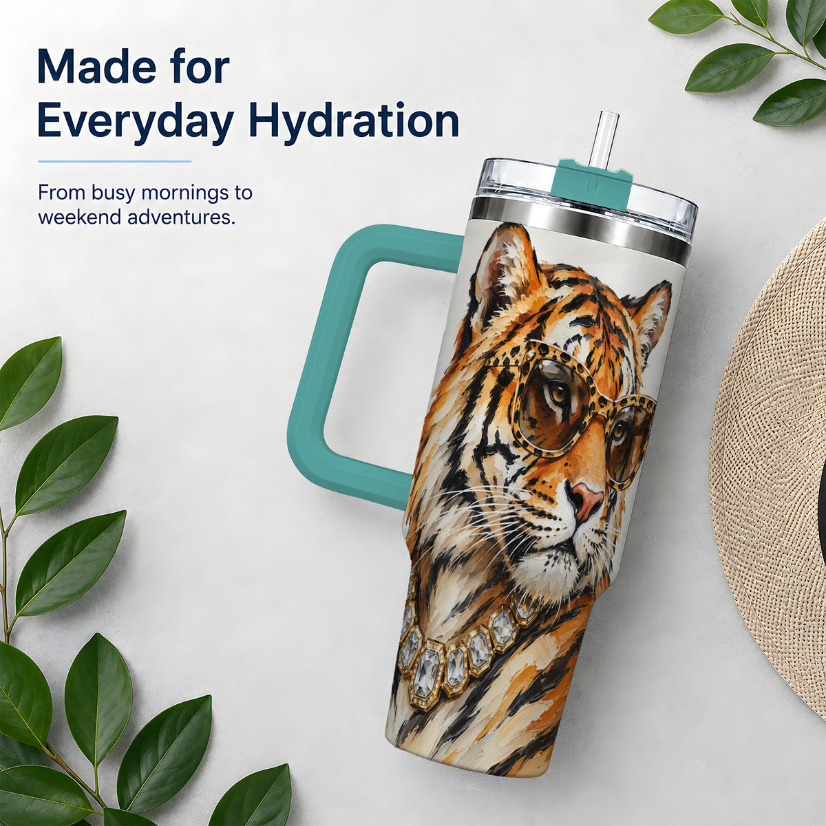 #pl[40oz|Green] Preppy Tiger 40oz Stainless Steel Tumbler, Jewelry Portrait Design