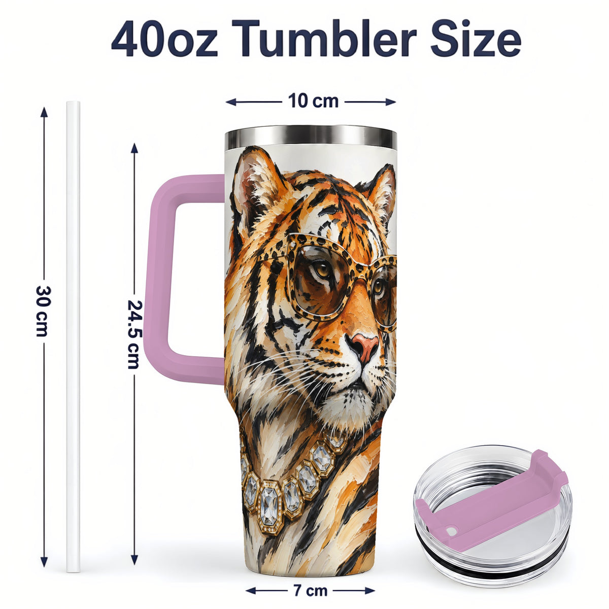 #pl[40oz|Pink] Preppy Tiger 40oz Stainless Steel Tumbler, Jewelry Portrait Design