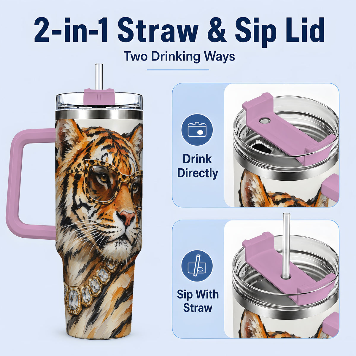 #pl[40oz|Pink] Preppy Tiger 40oz Stainless Steel Tumbler, Jewelry Portrait Design