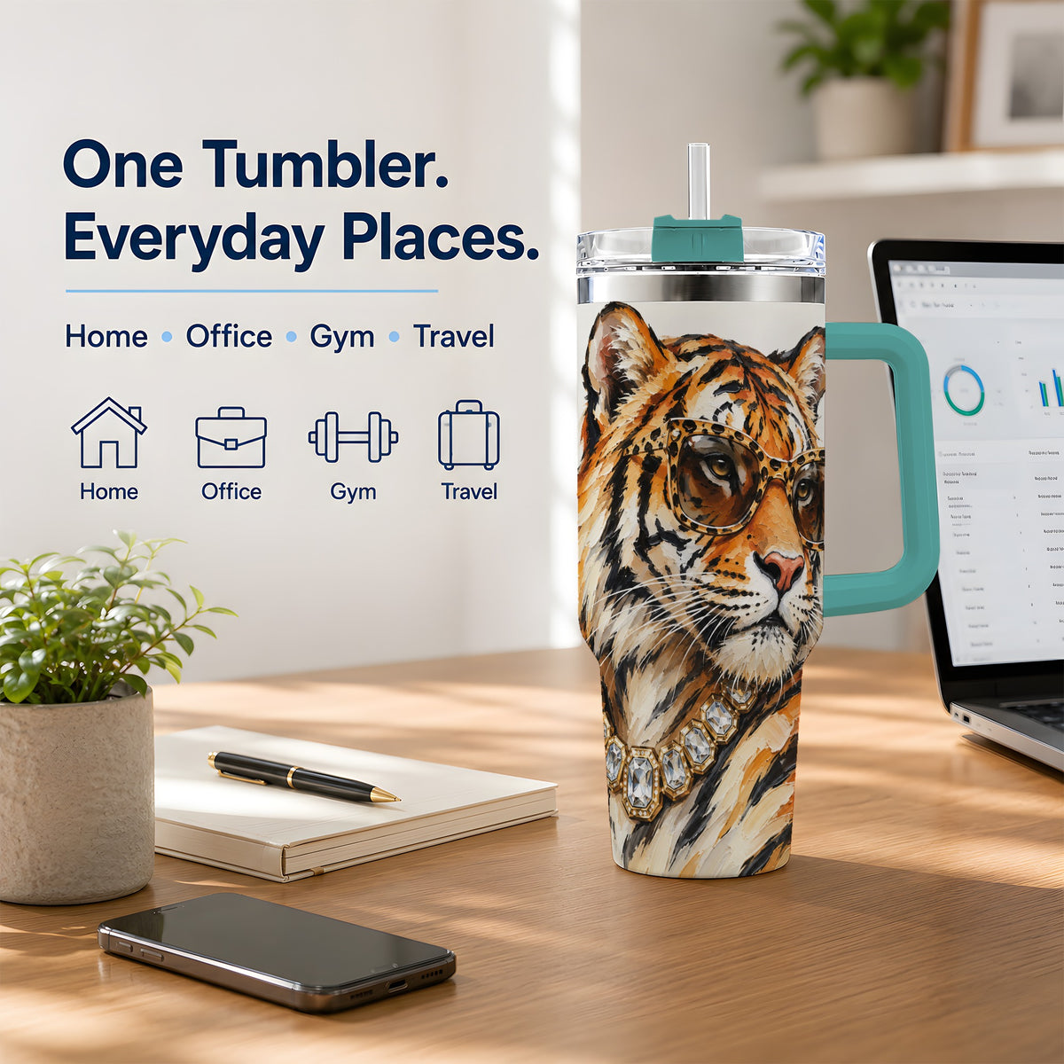 #pl[40oz|Green] Preppy Tiger 40oz Stainless Steel Tumbler, Jewelry Portrait Design