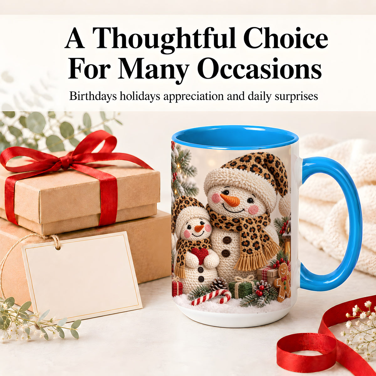 #pl[15oz|Blue] Crochet Style Snowman Christmas Mug, Ceramic Mug with Leopard Art