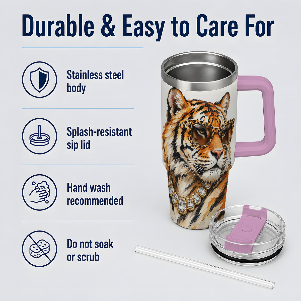 #pl[40oz|Pink] Preppy Tiger 40oz Stainless Steel Tumbler, Jewelry Portrait Design