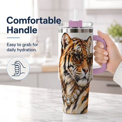 #pl[40oz|Pink] Preppy Tiger 40oz Stainless Steel Tumbler, Jewelry Portrait Design