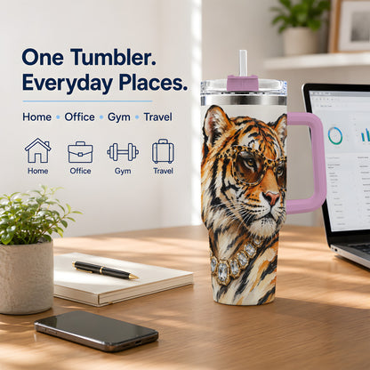 #pl[40oz|Pink] Preppy Tiger 40oz Stainless Steel Tumbler, Jewelry Portrait Design