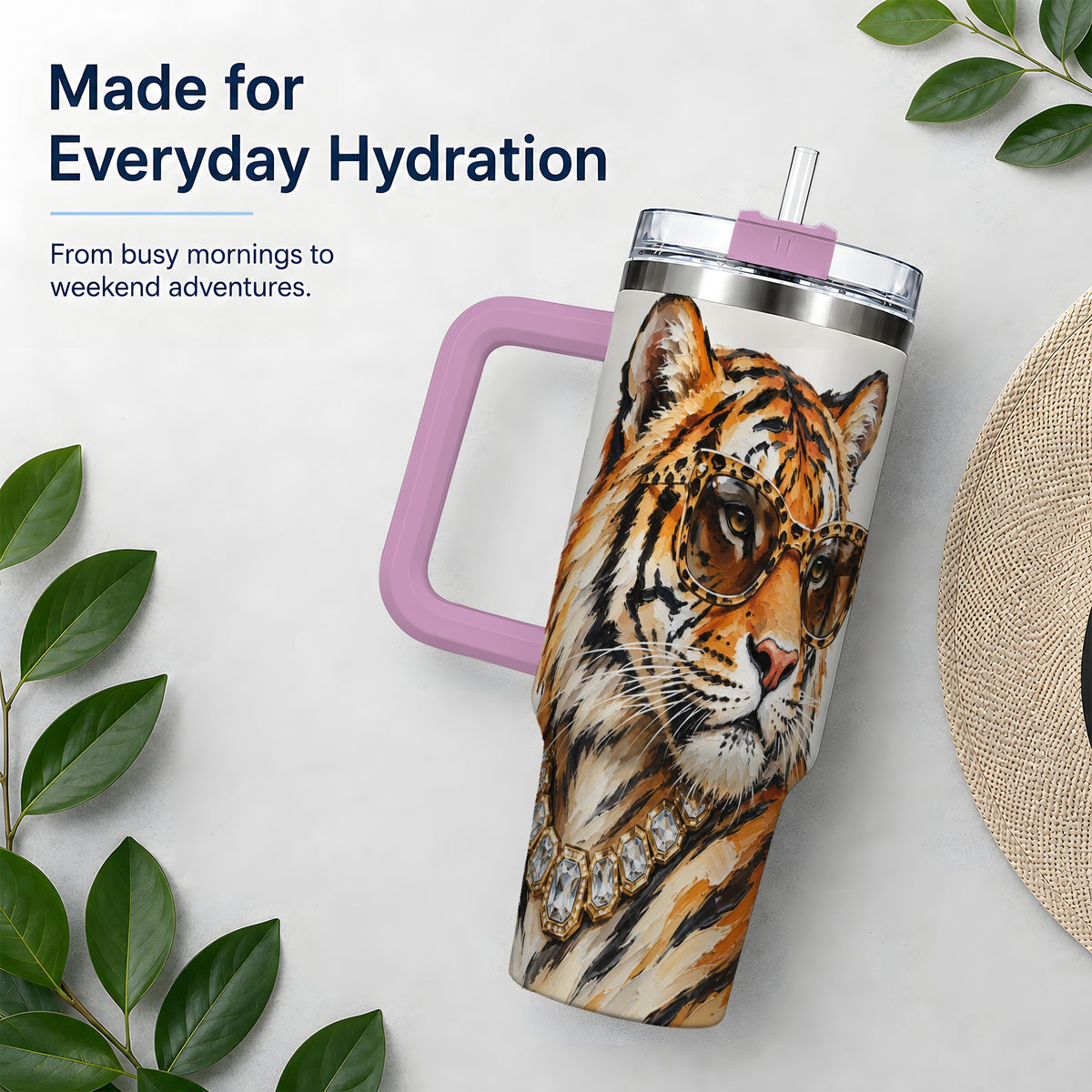 #pl[40oz|Pink] Preppy Tiger 40oz Stainless Steel Tumbler, Jewelry Portrait Design